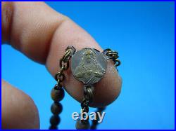 Rare Antique? Christ Metal & Seed Wood Rosary Religious Necklace Pendant Medals