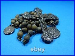 Rare Antique? Christ Metal & Seed Wood Rosary Religious Necklace Pendant Medals