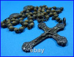 Rare Antique? Christ Metal & Seed Wood Rosary Religious Necklace Pendant Medals