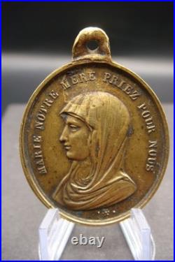 Rare Antique French Bronze Medal Jesus & Virgin Mary Catholic Protection c1900