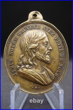 Rare Antique French Bronze Medal Jesus & Virgin Mary Catholic Protection c1900