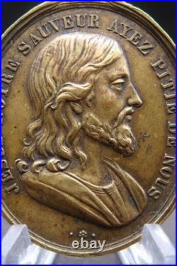 Rare Antique French Bronze Medal Jesus & Virgin Mary Catholic Protection c1900