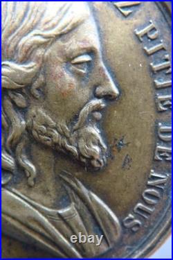 Rare Antique French Bronze Medal Jesus & Virgin Mary Catholic Protection c1900