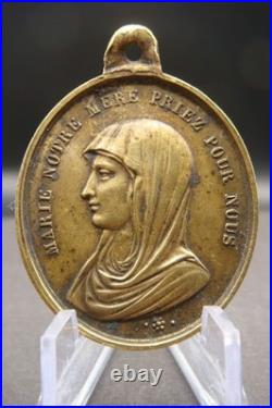 Rare Antique French Bronze Medal Jesus & Virgin Mary Catholic Protection c1900