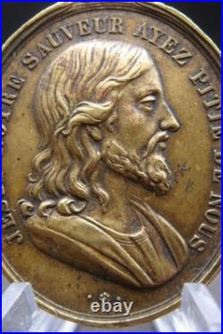 Rare Antique French Bronze Medal Jesus & Virgin Mary Catholic Protection c1900