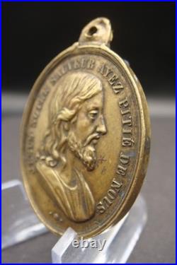 Rare Antique French Bronze Medal Jesus & Virgin Mary Catholic Protection c1900