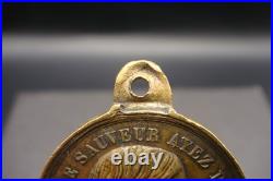 Rare Antique French Bronze Medal Jesus & Virgin Mary Catholic Protection c1900