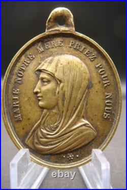 Rare Antique French Bronze Medal Jesus & Virgin Mary Catholic Protection c1900