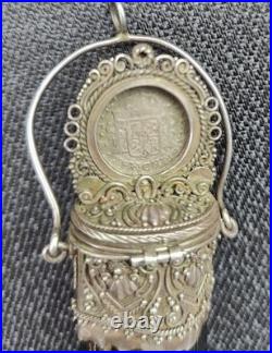Rare Antique Latin American Holy Reliquary c. 1700-1800s Silver, Gold & Tourmal