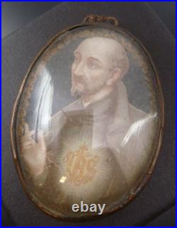 Rare Antique Monastery Domed Glass St. Ignatius of Loyola Religious Small Icon