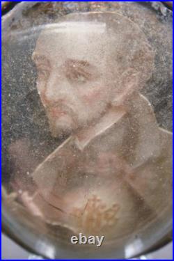 Rare Antique Monastery Domed Glass St. Ignatius of Loyola Religious Small Icon
