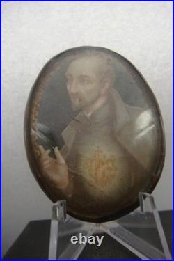 Rare Antique Monastery Domed Glass St. Ignatius of Loyola Religious Small Icon