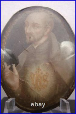 Rare Antique Monastery Domed Glass St. Ignatius of Loyola Religious Small Icon