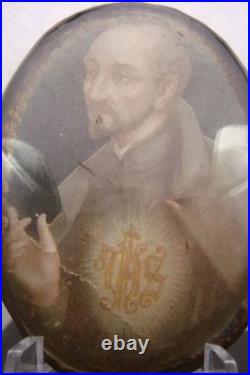 Rare Antique Monastery Domed Glass St. Ignatius of Loyola Religious Small Icon