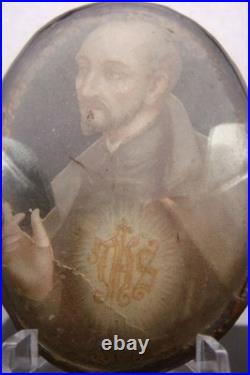 Rare Antique Monastery Domed Glass St. Ignatius of Loyola Religious Small Icon