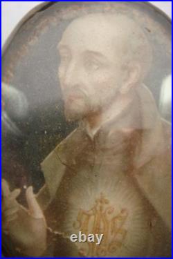Rare Antique Monastery Domed Glass St. Ignatius of Loyola Religious Small Icon