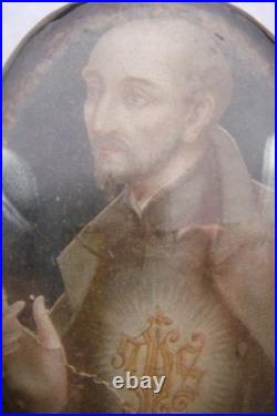 Rare Antique Monastery Domed Glass St. Ignatius of Loyola Religious Small Icon