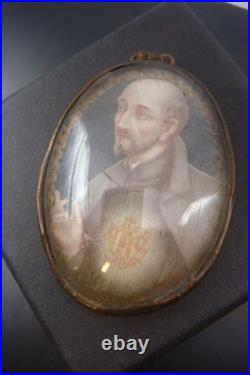 Rare Antique Monastery Domed Glass St. Ignatius of Loyola Religious Small Icon
