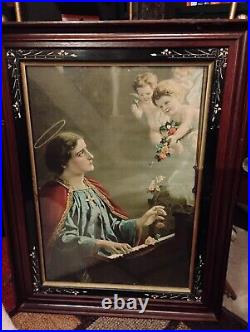 Rare Antique Ornate Large Frame Religious Framed Art St Cecilia Wood Gold Angels