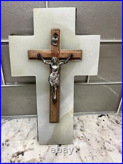 Rare Antique Religious French Bronze Crucifix cross Jesus Mounted Onyx And Wood