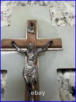 Rare Antique Religious French Bronze Crucifix cross Jesus Mounted Onyx And Wood