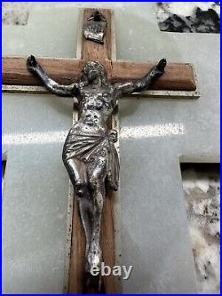 Rare Antique Religious French Bronze Crucifix cross Jesus Mounted Onyx And Wood