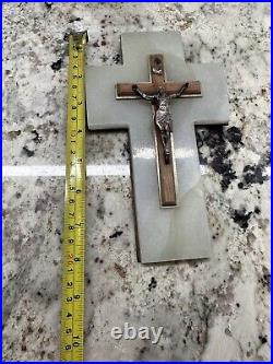 Rare Antique Religious French Bronze Crucifix cross Jesus Mounted Onyx And Wood