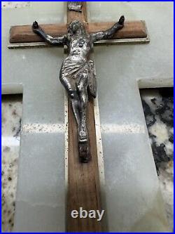 Rare Antique Religious French Bronze Crucifix cross Jesus Mounted Onyx And Wood