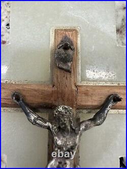 Rare Antique Religious French Bronze Crucifix cross Jesus Mounted Onyx And Wood