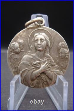 Rare Antique Religious Medal with Virgin Mary & Cherubs Devotional Pendant