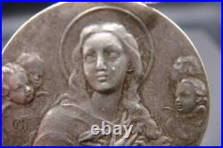 Rare Antique Religious Medal with Virgin Mary & Cherubs Devotional Pendant