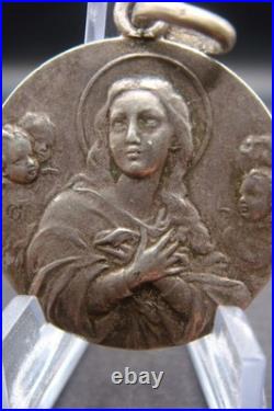 Rare Antique Religious Medal with Virgin Mary & Cherubs Devotional Pendant