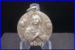 Rare Antique Religious Medal with Virgin Mary & Cherubs Devotional Pendant