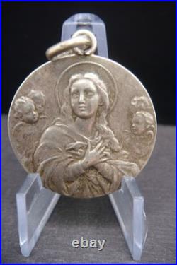 Rare Antique Religious Medal with Virgin Mary & Cherubs Devotional Pendant