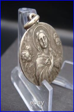 Rare Antique Religious Medal with Virgin Mary & Cherubs Devotional Pendant
