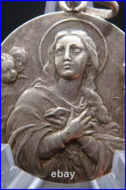 Rare Antique Religious Medal with Virgin Mary & Cherubs Devotional Pendant