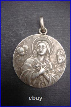 Rare Antique Religious Medal with Virgin Mary & Cherubs Devotional Pendant
