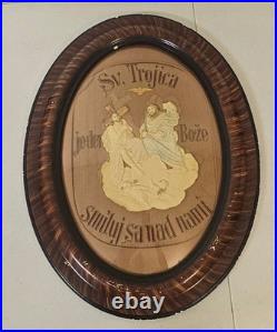 Rare Antique Slovak Holy Trinity Religious Framed Convex Needlepoint Wall Decor