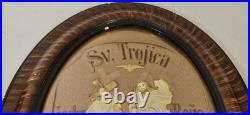 Rare Antique Slovak Holy Trinity Religious Framed Convex Needlepoint Wall Decor