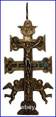 Rare Antique Spanish Colonial Caravaca Bronze Religious Catholic Reliquary Cross