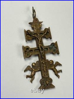 Rare Antique Spanish Colonial Caravaca Bronze Religious Catholic Reliquary Cross
