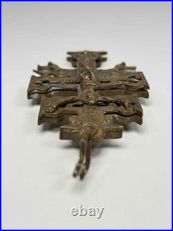Rare Antique Spanish Colonial Caravaca Bronze Religious Catholic Reliquary Cross