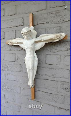 Rare Antique ceramic jesus winged as angel Crucifix wall religious