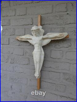 Rare Antique ceramic jesus winged as angel Crucifix wall religious