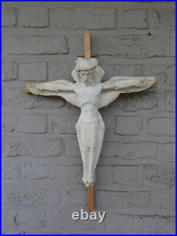 Rare Antique ceramic jesus winged as angel Crucifix wall religious