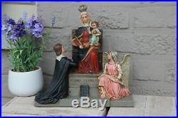 Rare French Antique religious chalkware Statue group regina cordium mary queen