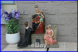 Rare French Antique religious chalkware Statue group regina cordium mary queen