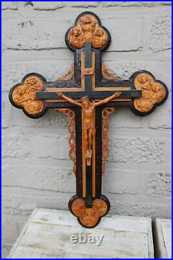 Rare German black forest Wood carved crucifix 12 apostles christ religious rare