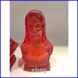 Rare HTF Vintage Antique Religious Red Vaseline Resin Jesus & Mary Bust Statues