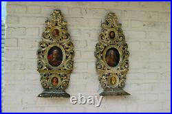 Rare PAIR church antique 18thc wood carved religious plaques panel 3 painting